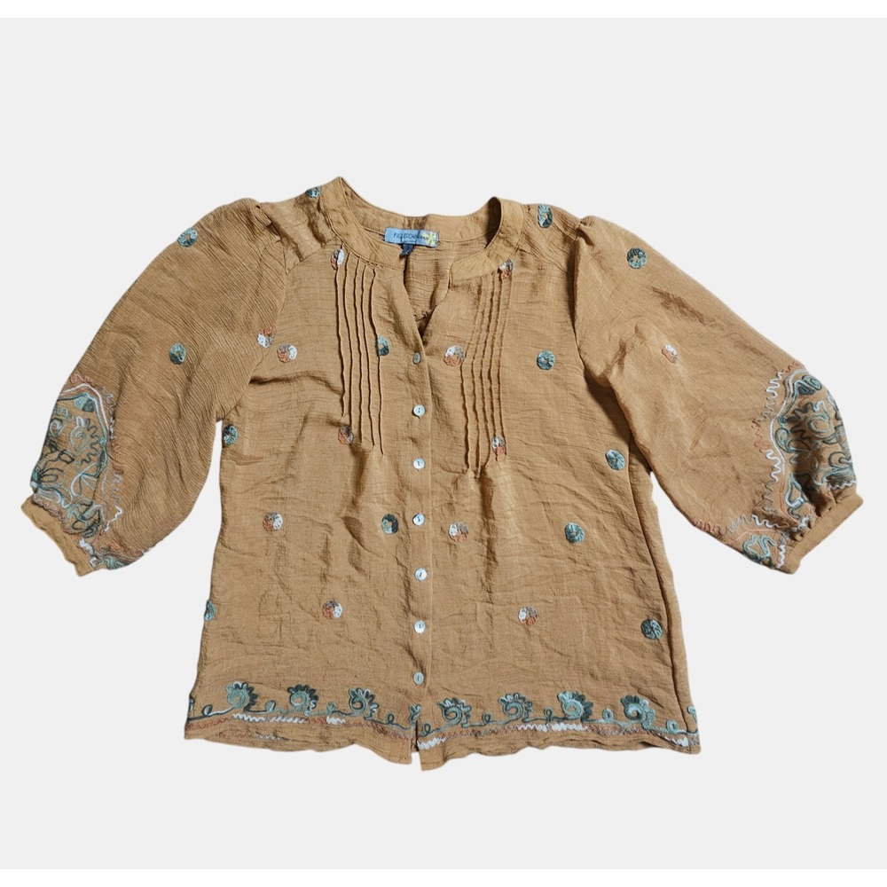Figueroa & Flower Woven Lydia Embroidered Top Split Neck 3/4 Sleeve S Boho Chic